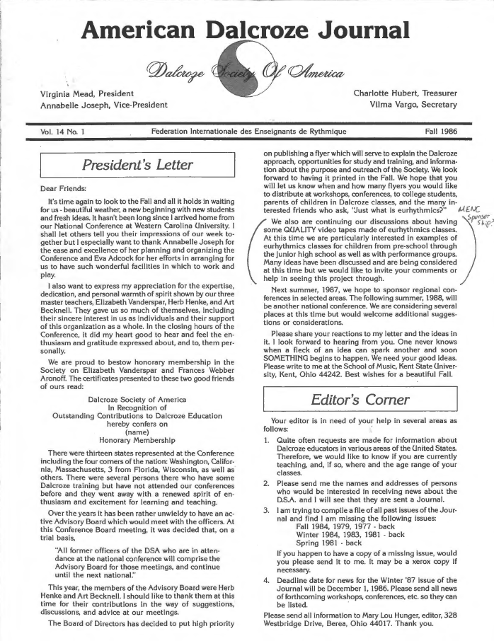 American Dalcroze Journal Vol. 14 No. 1 – Fall 1986