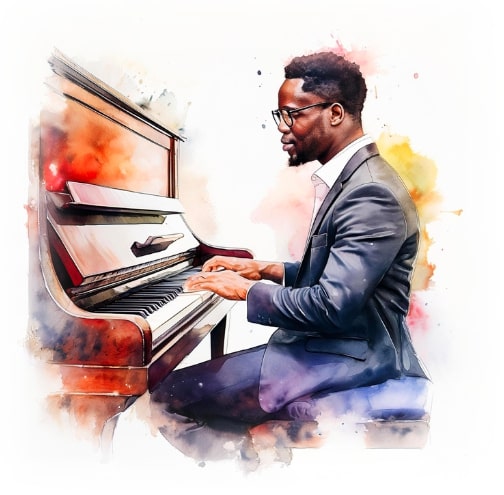 Watercolor painting of a man playing piano.